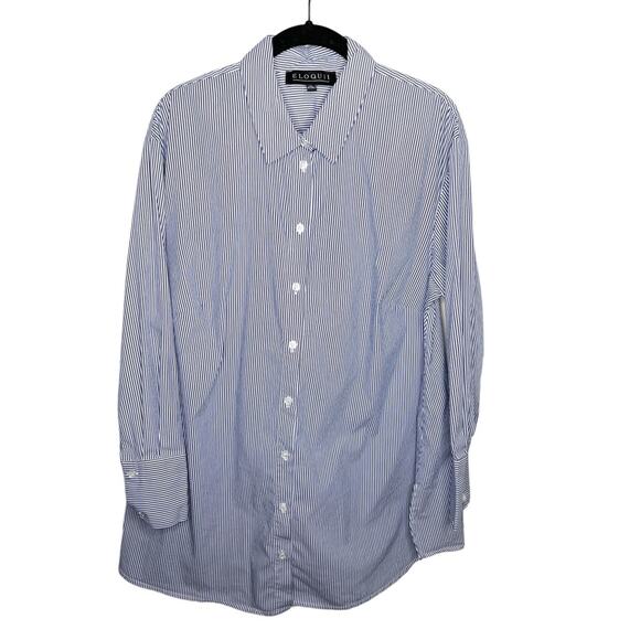 ELOQUII / blue white vertical stripe button down shirt / 14 - Picture 1 of 8